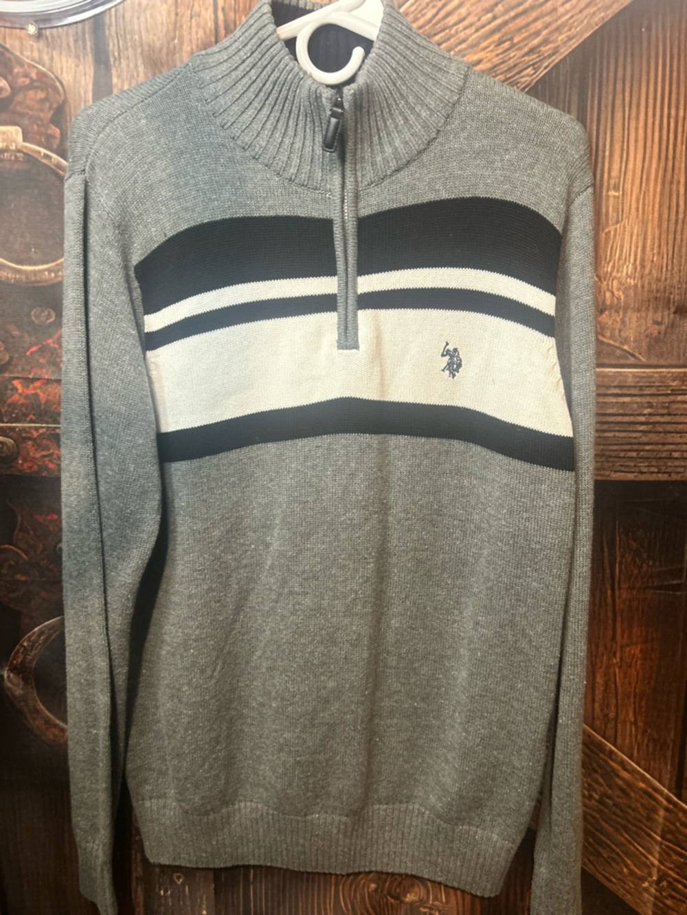 Polo by Ralph Lauren Gray Zip-Up Sweater with Black & White Stripes